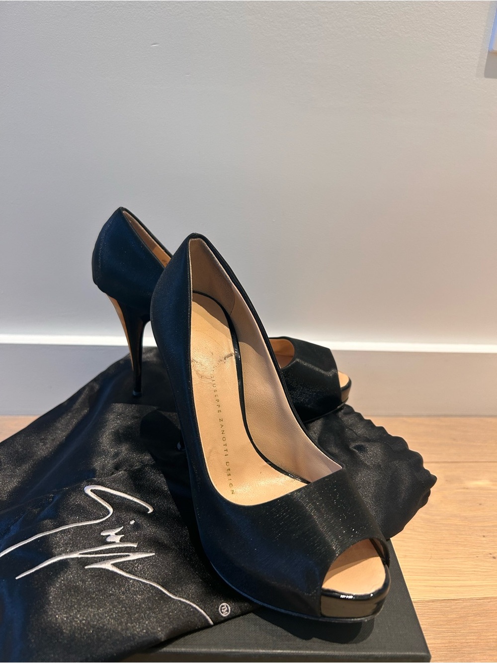 Giuseppe Zanotti Black Satin Peep Toe Stiletto Pumps Size 35
